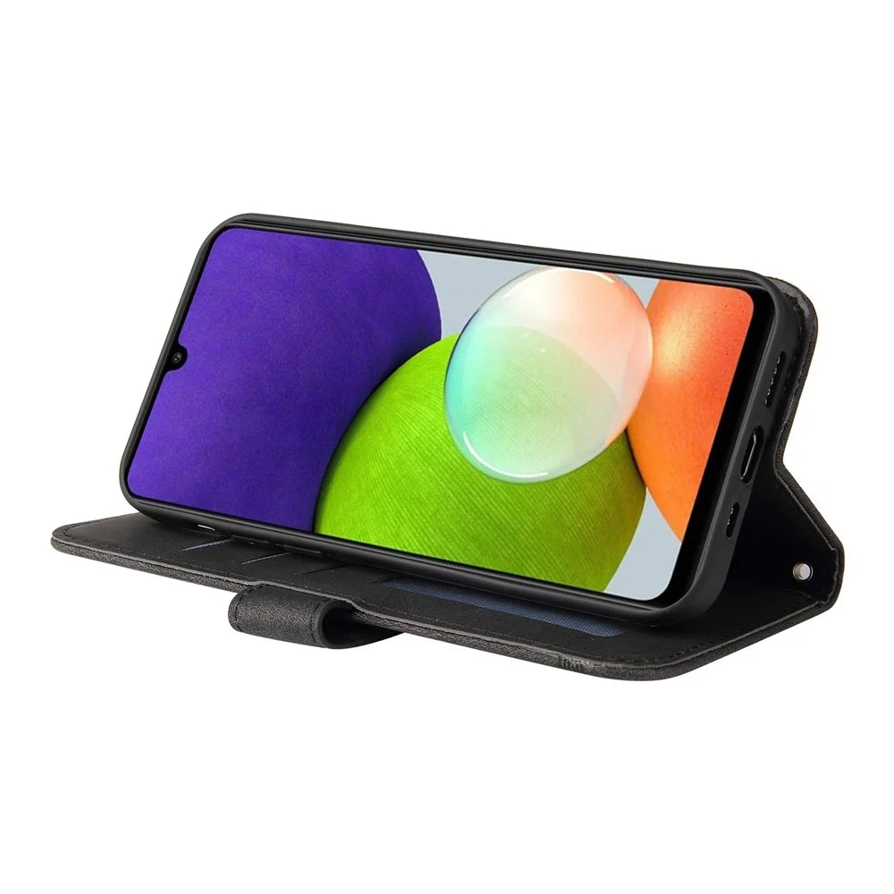 For Samsung Galaxy A22 4G (EU) / M22 Leather Wallet Cases Skin Touch Phone Cover Stand with Strap - Black - 5