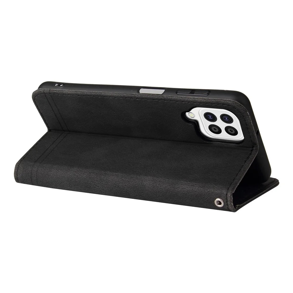 For Samsung Galaxy A22 4G (EU) / M22 Leather Wallet Cases Skin Touch Phone Cover Stand with Strap - Black - 6