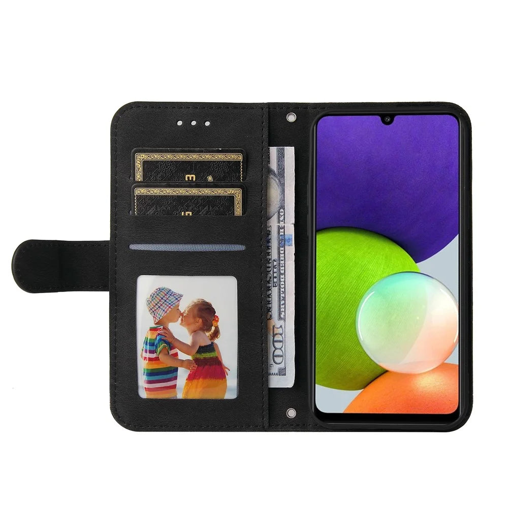 For Samsung Galaxy A22 4G (EU) / M22 Leather Wallet Cases Skin Touch Phone Cover Stand with Strap - Black - 7