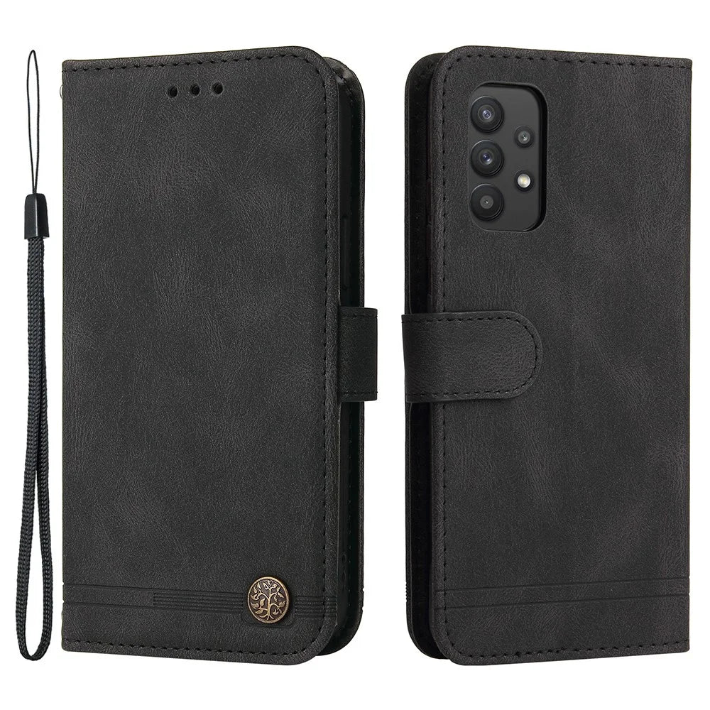 For Samsung Galaxy A32 4G (EU) Leather Wallet Cases Skin Touch Phone Cover Stand with Strap - Black - 1
