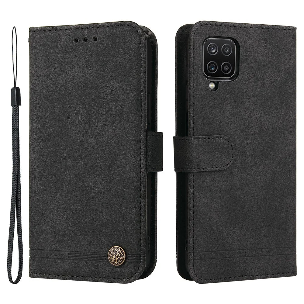 For Samsung Galaxy F12 / M12 / A12 Leather Wallet Cases Skin Touch Phone Cover Stand with Strap - Black - 1