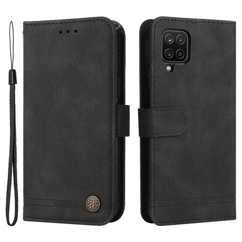 For Samsung Galaxy F12 / M12 / A12 Leather Wallet Cases Skin Touch Phone Cover Stand with Strap - Black - 1