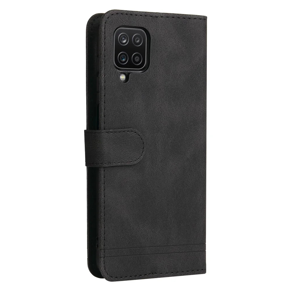 For Samsung Galaxy F12 / M12 / A12 Leather Wallet Cases Skin Touch Phone Cover Stand with Strap - Black - 4