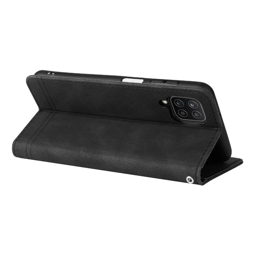 For Samsung Galaxy F12 / M12 / A12 Leather Wallet Cases Skin Touch Phone Cover Stand with Strap - Black - 6