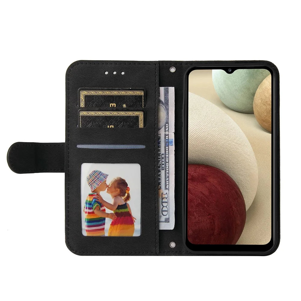 For Samsung Galaxy F12 / M12 / A12 Leather Wallet Cases Skin Touch Phone Cover Stand with Strap - Black - 7