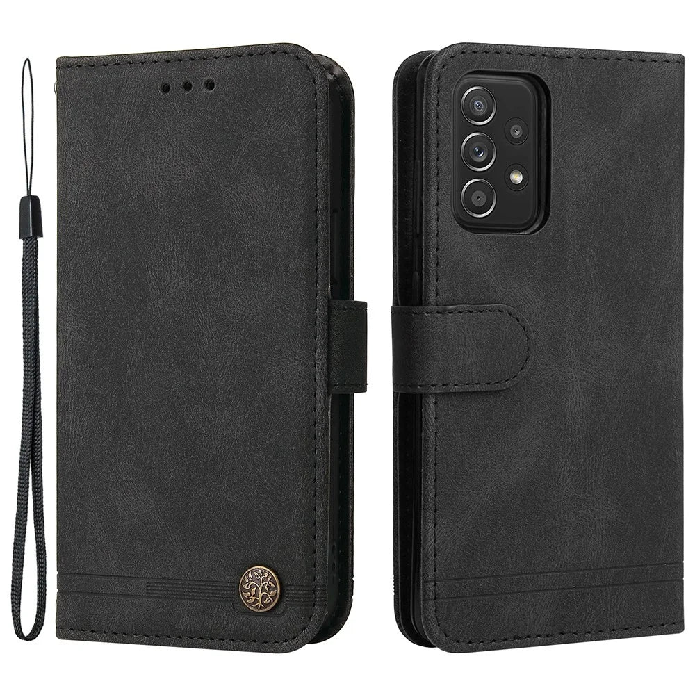 For Samsung Galaxy A52 5G / 4G / A12 Leather Wallet Cases Skin Touch Phone Cover Stand with Strap - Black - 1