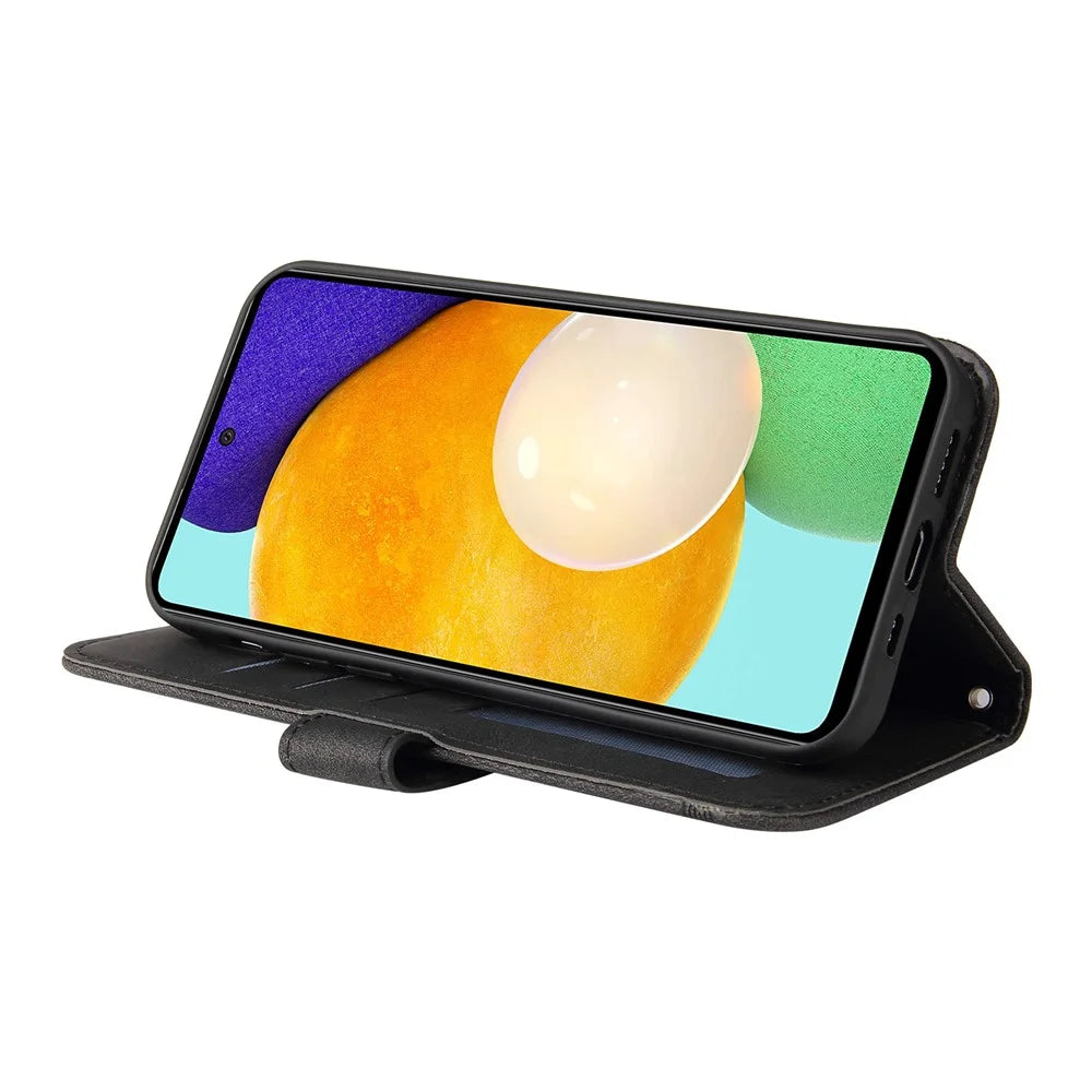 For Samsung Galaxy A52 5G / 4G / A12 Leather Wallet Cases Skin Touch Phone Cover Stand with Strap - Black - 5