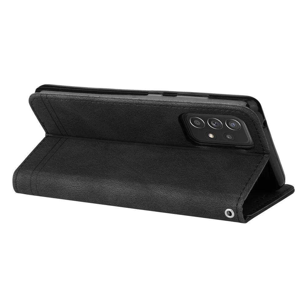 For Samsung Galaxy A52 5G / 4G / A12 Leather Wallet Cases Skin Touch Phone Cover Stand with Strap - Black - 6