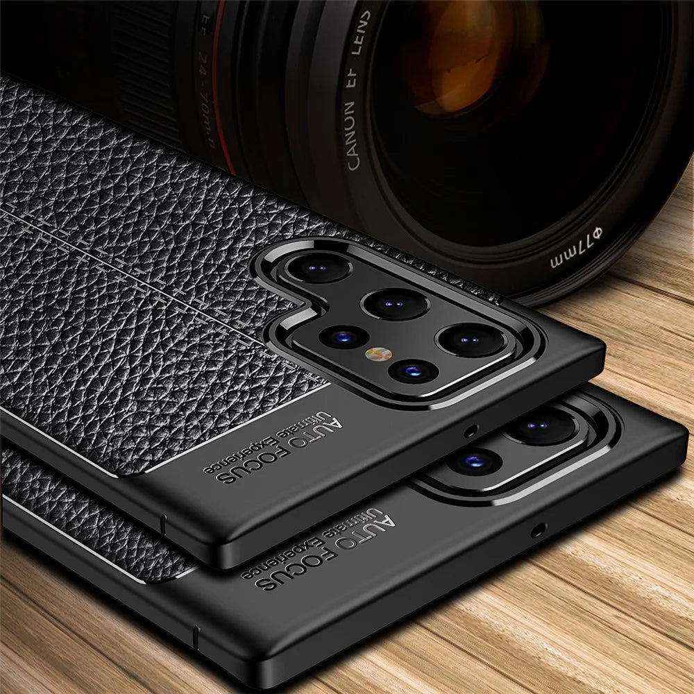 Litchi Texture Flexible TPU Mobile Phone Protector Back Case for Samsung Galaxy S22 Ultra 5G - Black - 6