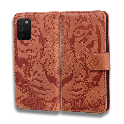 Tiger Imprint Full Protection Leather Wallet Stand Phone Shell Case for Samsung Galaxy A03s (164.2mm) - Brown - 1