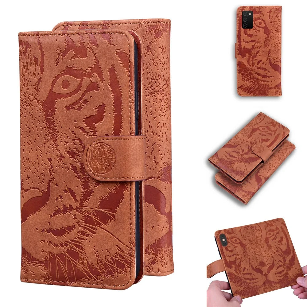 Tiger Imprint Full Protection Leather Wallet Stand Phone Shell Case for Samsung Galaxy A03s (164.2mm) - Brown - 7