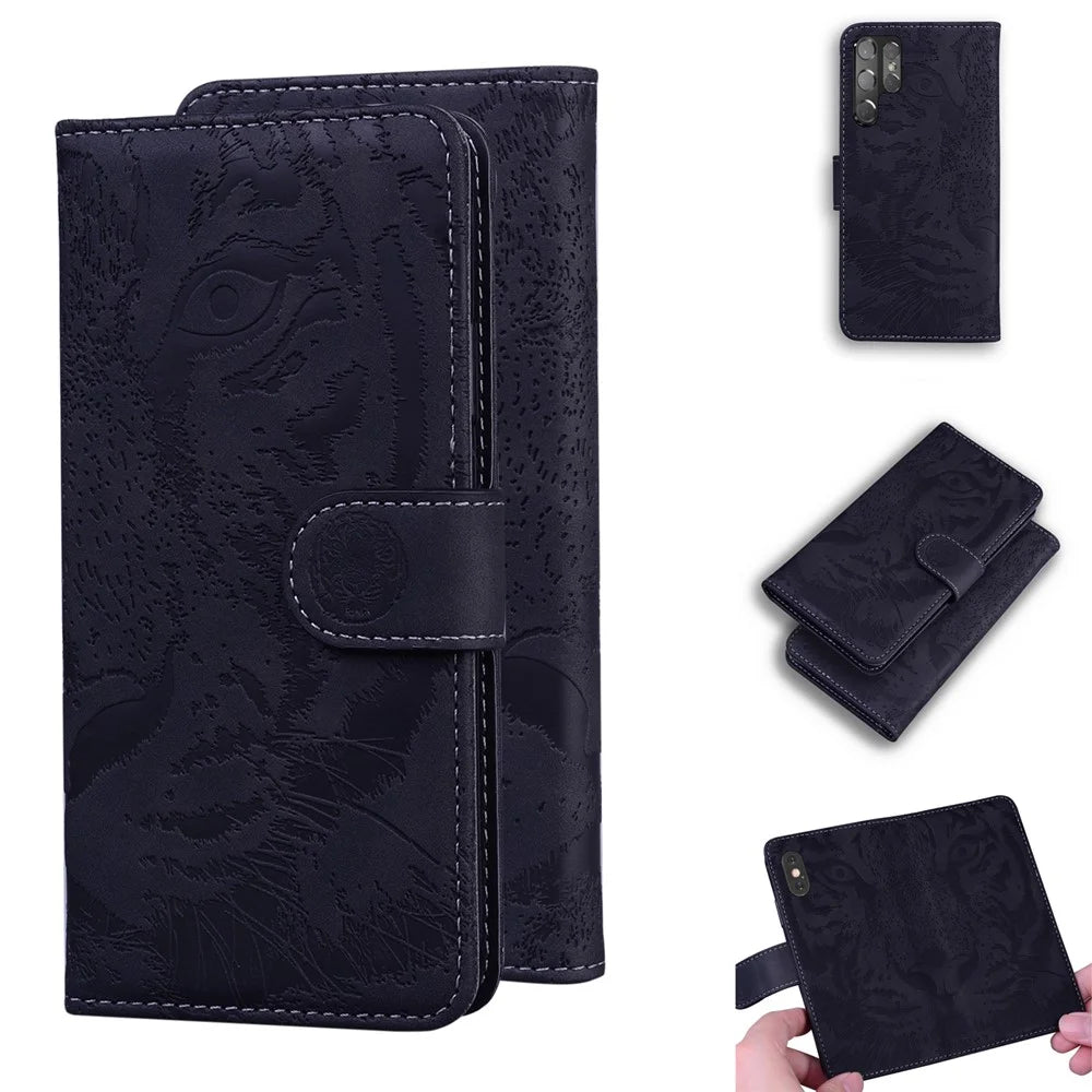 Tiger Pattern Imprinted Magnetic Clasp Leather Phone Case Stand Wallet Cover for Samsung Galaxy S22 Ultra - Black - 7