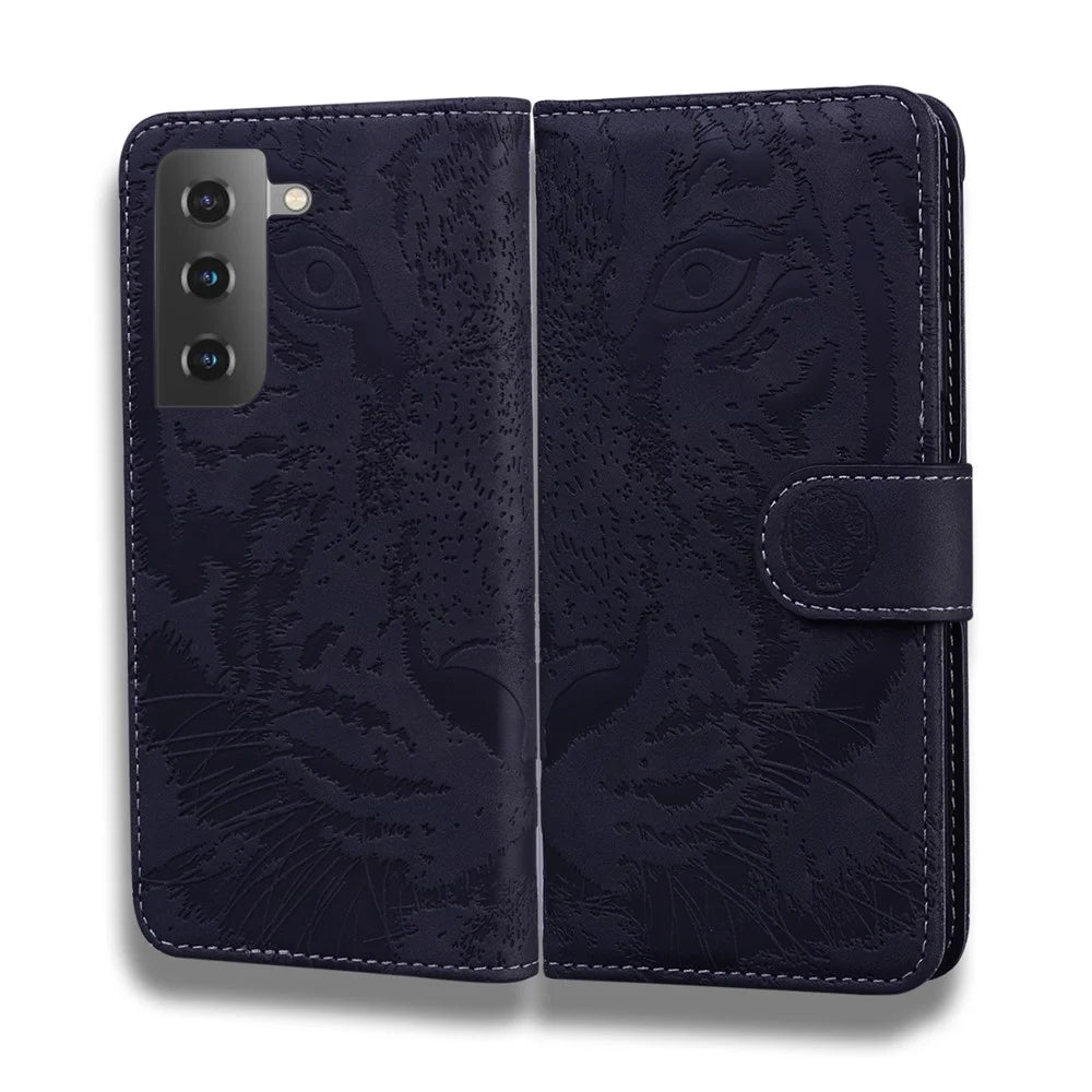 Tiger Pattern Imprinted PU Leather Wallet Stand Protective Phone Case Shell for Samsung Galaxy S22 Plus - Black - 1