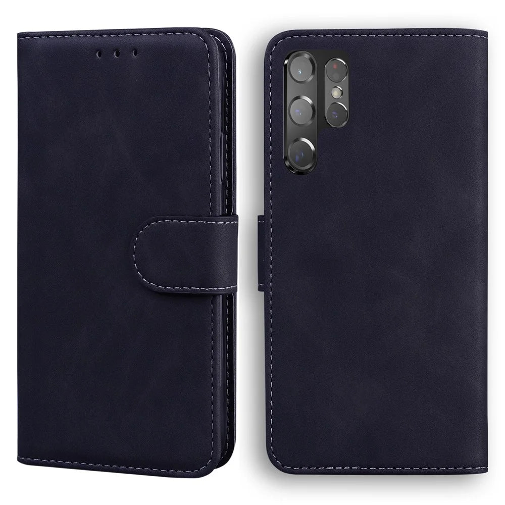 Anti-Drop Plain Leather Phone Protective Shell with Stand and Wallet for Samsung Galaxy S22 Ultra - Black - 1