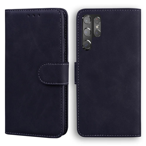 Anti-Drop Plain Leather Phone Protective Shell with Stand and Wallet for Samsung Galaxy S22 Ultra - Black - 1