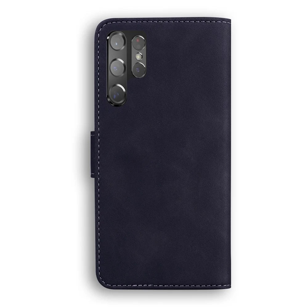 Anti-Drop Plain Leather Phone Protective Shell with Stand and Wallet for Samsung Galaxy S22 Ultra - Black - 3