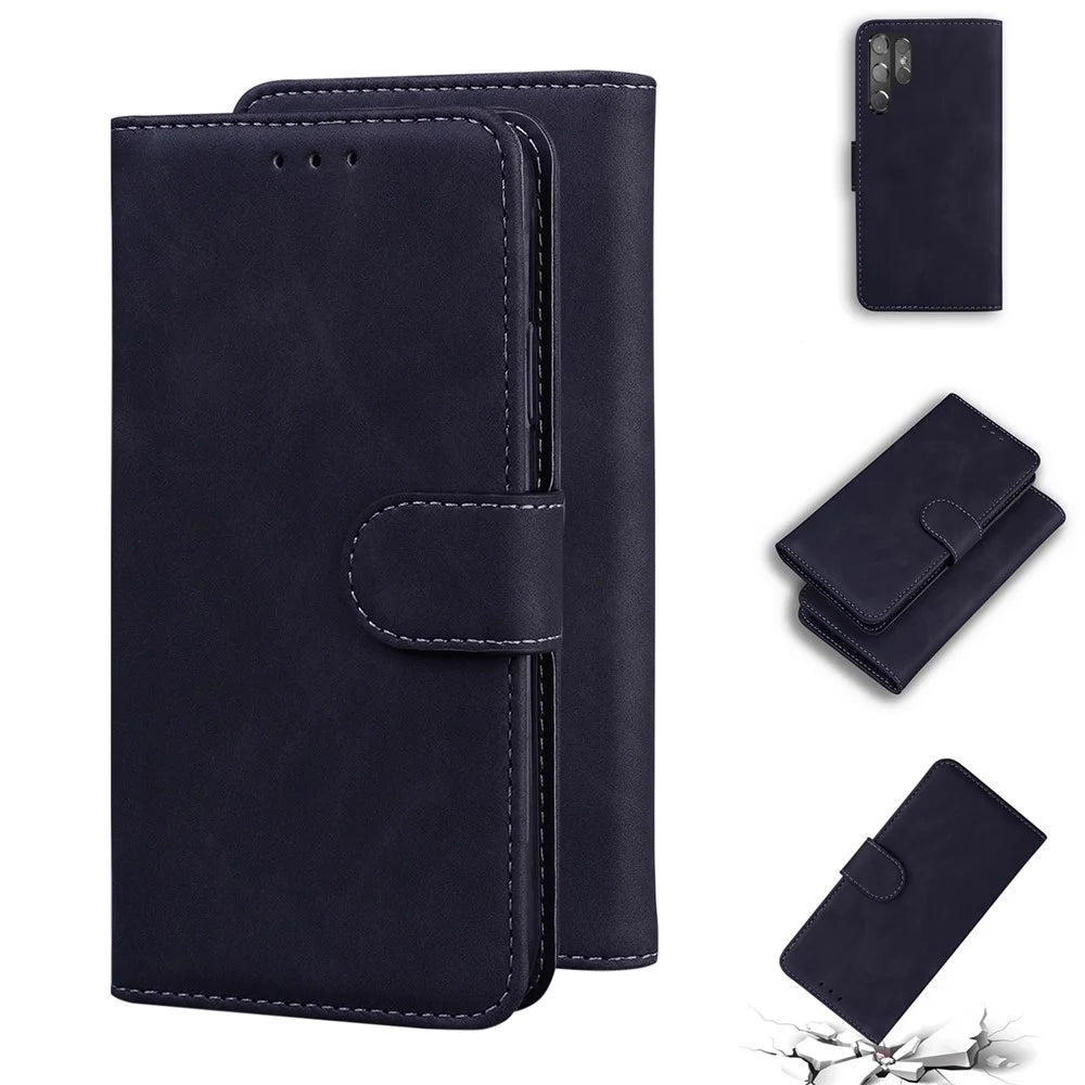 Anti-Drop Plain Leather Phone Protective Shell with Stand and Wallet for Samsung Galaxy S22 Ultra - Black - 7
