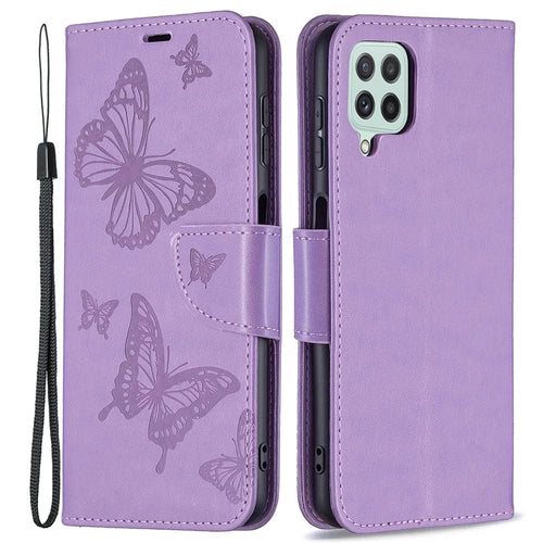 Imprint Butterfly Pattern Stand Wallet Leather Phone Shell Case with Wrist Strap for Samsung Galaxy A22 4G (EU Version) - Purple - 1