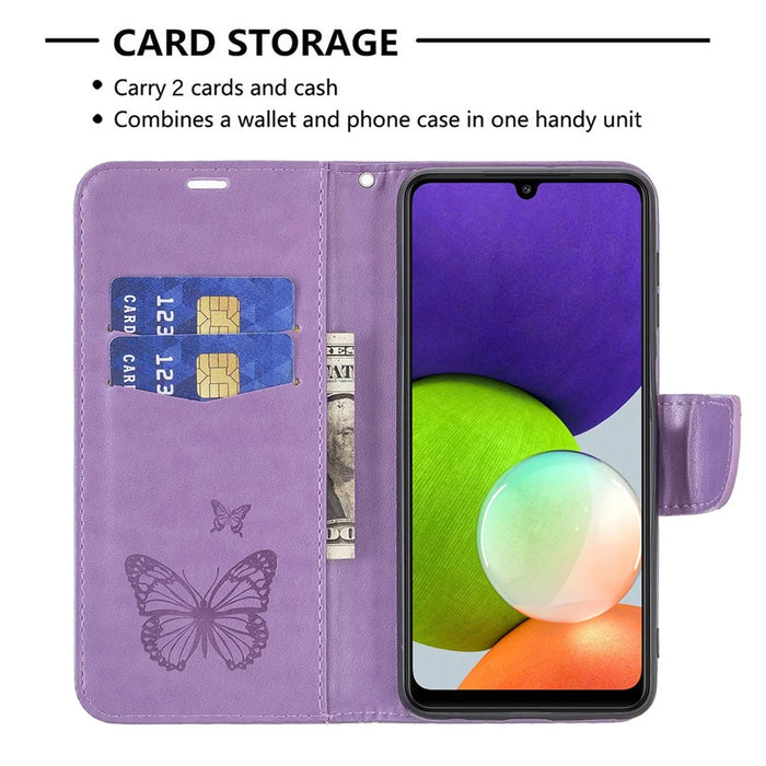Imprint Butterfly Pattern Stand Wallet Leather Phone Shell Case with Wrist Strap for Samsung Galaxy A22 4G (EU Version) - Purple - 5