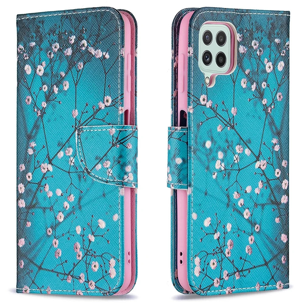 Wallet Stand Pattern Printing PU Leather Protective Phone Case Cover for Samsung Galaxy A22 4G (EU Version) - Plum Blossom - 1