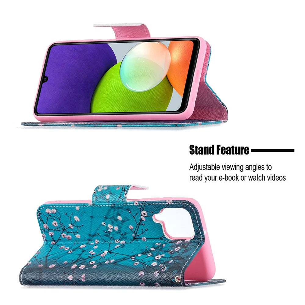 Wallet Stand Pattern Printing PU Leather Protective Phone Case Cover for Samsung Galaxy A22 4G (EU Version) - Plum Blossom - 2