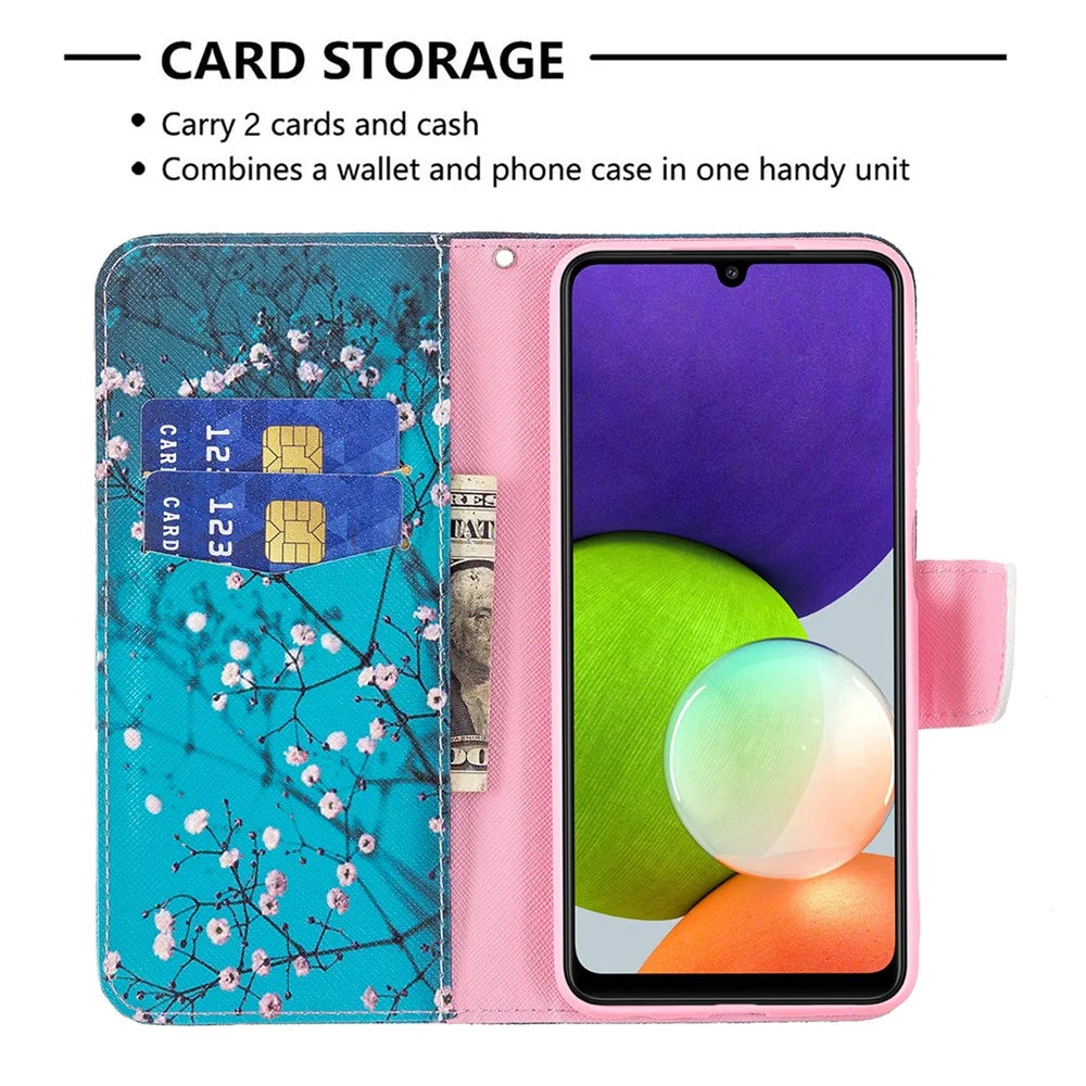 Wallet Stand Pattern Printing PU Leather Protective Phone Case Cover for Samsung Galaxy A22 4G (EU Version) - Plum Blossom - 3