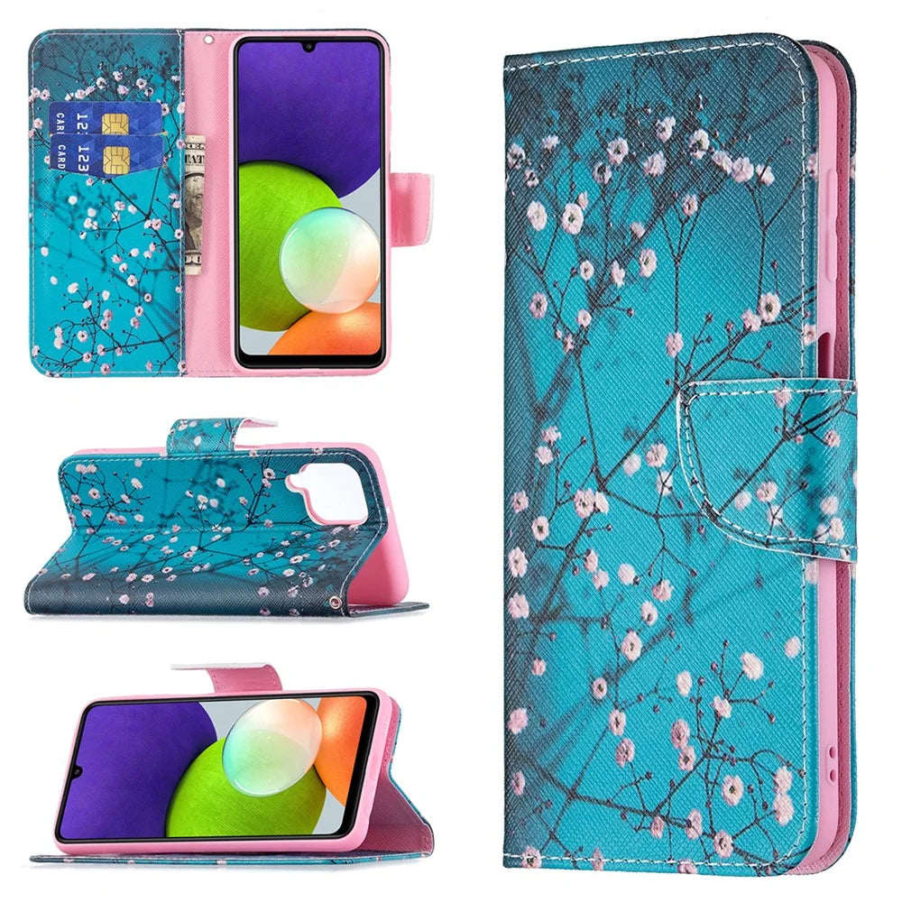 Wallet Stand Pattern Printing PU Leather Protective Phone Case Cover for Samsung Galaxy A22 4G (EU Version) - Plum Blossom - 6