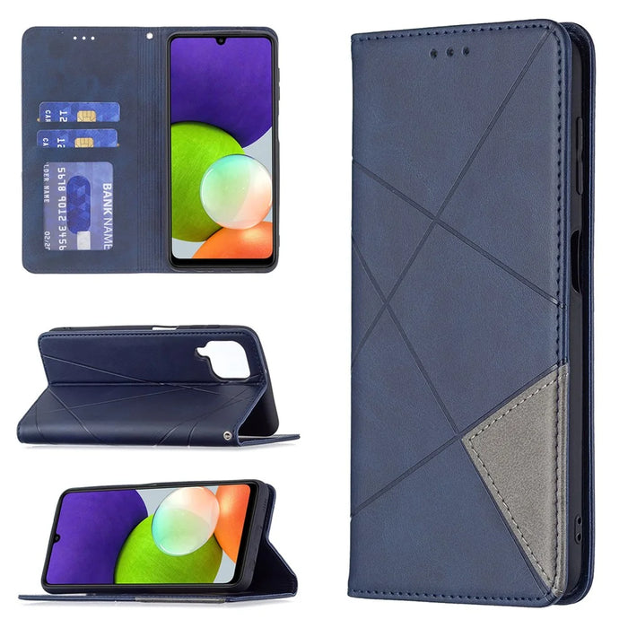 Rhombus-Like Imprinting Card Slots Design Leather Stand Phone Case Cover for Samsung Galaxy A22 4G (EU Version) - Blue - 7