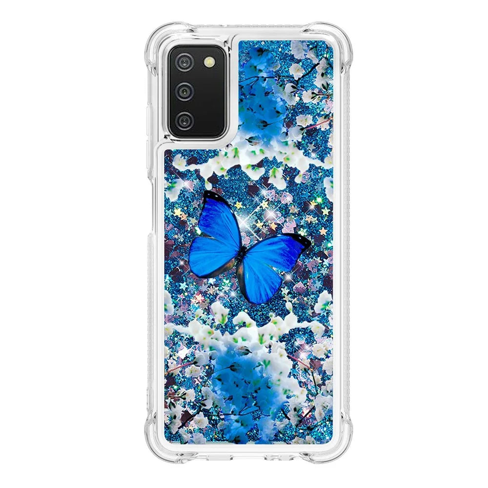 Pattern Printing Sparkling Floating Liquid Quicksand Clear Thin Soft TPU Shockproof Phone Case for Samsung Galaxy A03s (164.2mm) - Blue Butterfly - 1