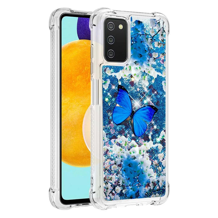 Pattern Printing Sparkling Floating Liquid Quicksand Clear Thin Soft TPU Shockproof Phone Case for Samsung Galaxy A03s (164.2mm) - Blue Butterfly - 2