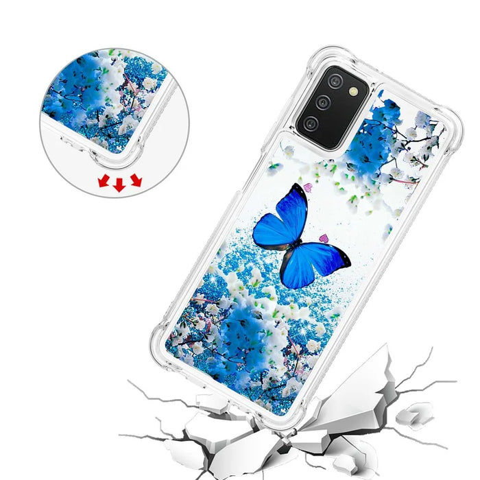 Pattern Printing Sparkling Floating Liquid Quicksand Clear Thin Soft TPU Shockproof Phone Case for Samsung Galaxy A03s (164.2mm) - Blue Butterfly - 4