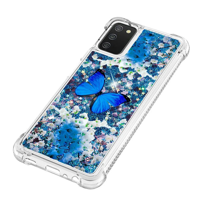Pattern Printing Sparkling Floating Liquid Quicksand Clear Thin Soft TPU Shockproof Phone Case for Samsung Galaxy A03s (164.2mm) - Blue Butterfly - 5