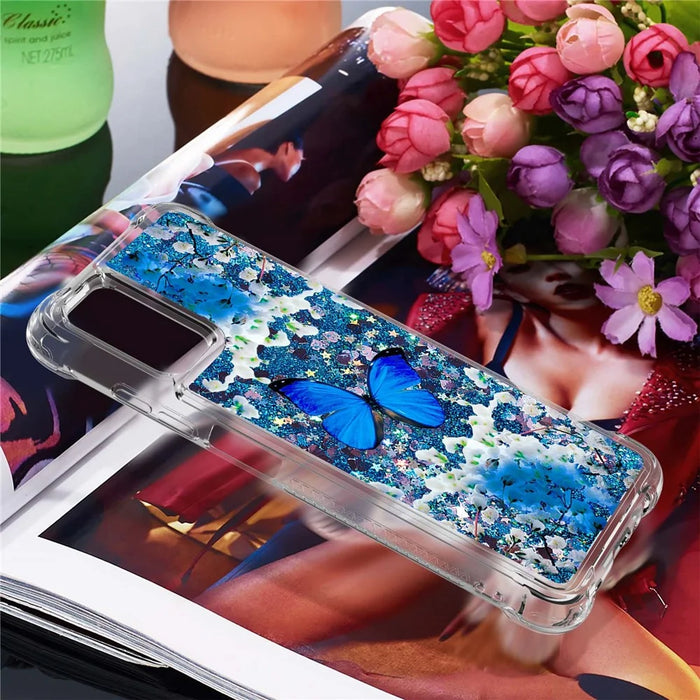 Pattern Printing Sparkling Floating Liquid Quicksand Clear Thin Soft TPU Shockproof Phone Case for Samsung Galaxy A03s (164.2mm) - Blue Butterfly - 6
