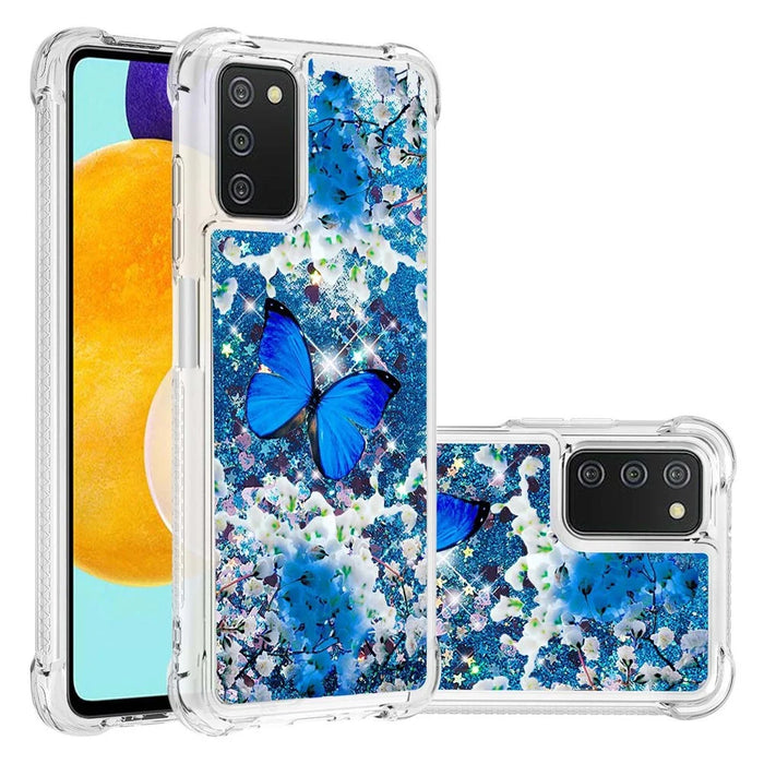 Pattern Printing Sparkling Floating Liquid Quicksand Clear Thin Soft TPU Shockproof Phone Case for Samsung Galaxy A03s (164.2mm) - Blue Butterfly - 7