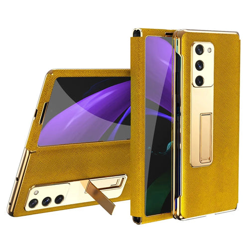 Kickstand Cross Texture Hybrid Hard PC Soft PU Leather Electroplating Phone Case with Tempered Glass Screen Protector for Samsung Galaxy Z Fold2 5G - Yellow - 1