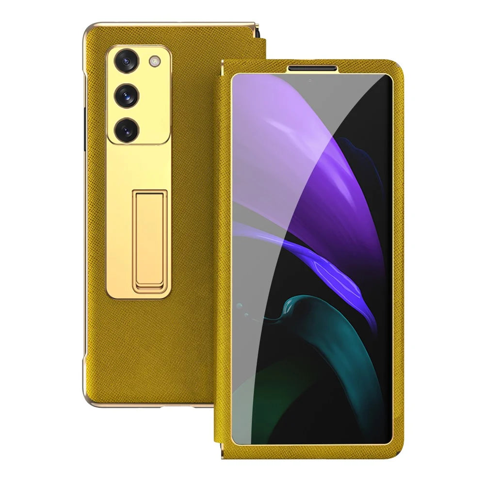 Kickstand Cross Texture Hybrid Hard PC Soft PU Leather Electroplating Phone Case with Tempered Glass Screen Protector for Samsung Galaxy Z Fold2 5G - Yellow - 2