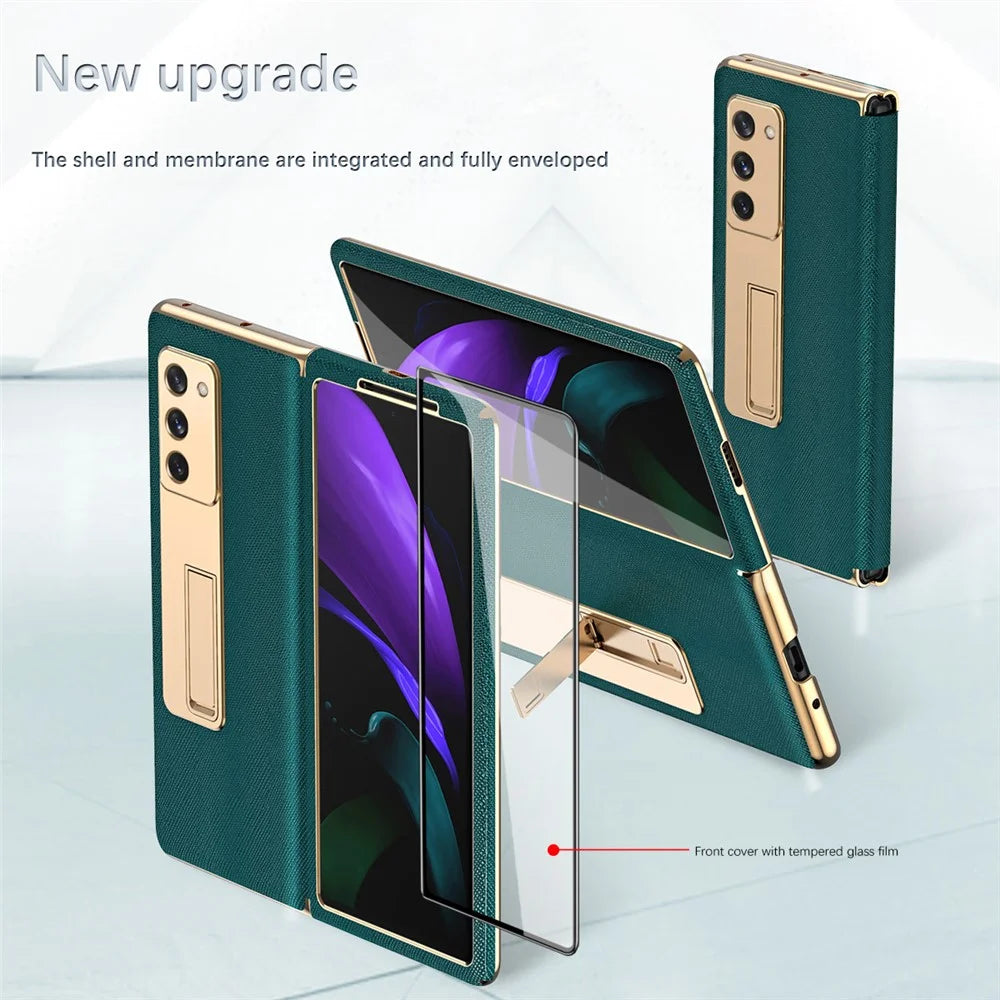 Kickstand Cross Texture Hybrid Hard PC Soft PU Leather Electroplating Phone Case with Tempered Glass Screen Protector for Samsung Galaxy Z Fold2 5G - Yellow - 3