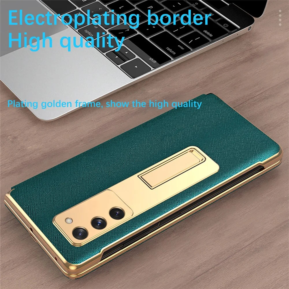 Kickstand Cross Texture Hybrid Hard PC Soft PU Leather Electroplating Phone Case with Tempered Glass Screen Protector for Samsung Galaxy Z Fold2 5G - Yellow - 4