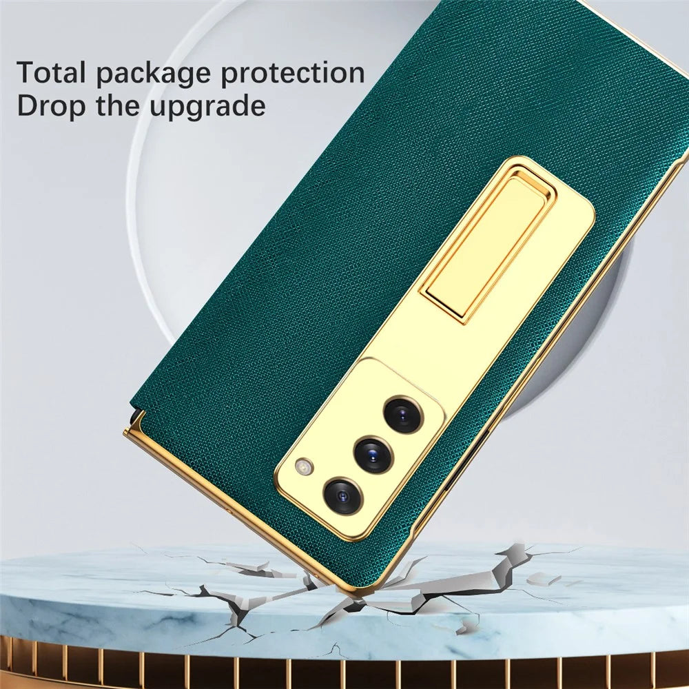 Kickstand Cross Texture Hybrid Hard PC Soft PU Leather Electroplating Phone Case with Tempered Glass Screen Protector for Samsung Galaxy Z Fold2 5G - Yellow - 5