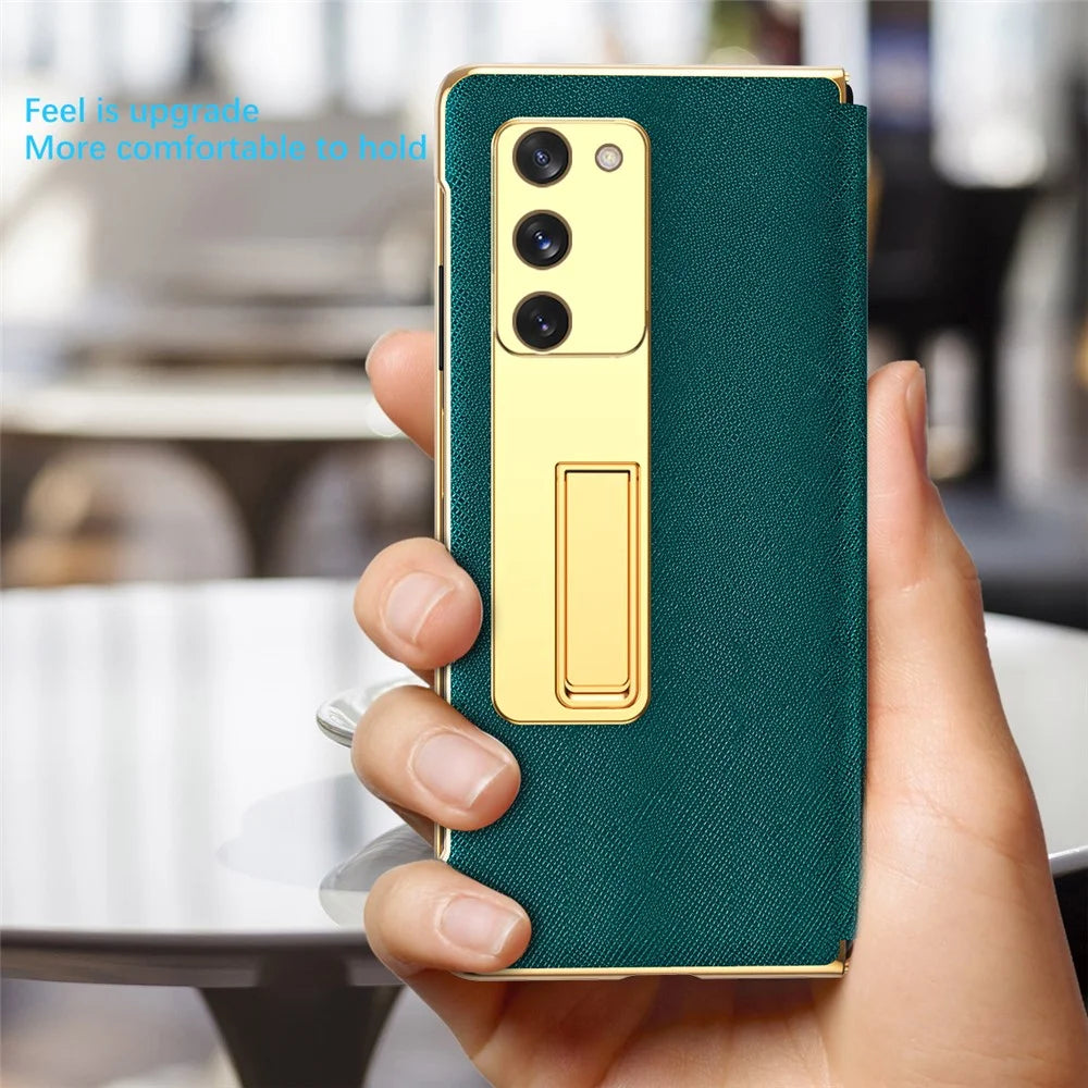 Kickstand Cross Texture Hybrid Hard PC Soft PU Leather Electroplating Phone Case with Tempered Glass Screen Protector for Samsung Galaxy Z Fold2 5G - Yellow - 6
