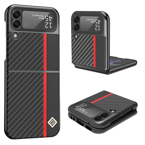 LC.IMEEKE Carbon Fiber Texture PU Leather Coated PC Protective Phone Case Cover for Samsung Galaxy Z Flip3 5G - Black - 1