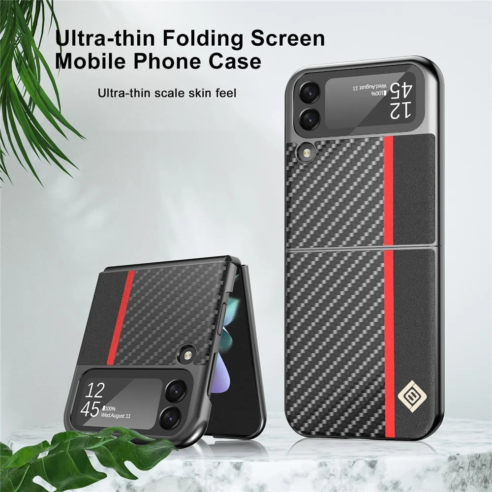 LC.IMEEKE Carbon Fiber Texture PU Leather Coated PC Protective Phone Case Cover for Samsung Galaxy Z Flip3 5G - Black - 4