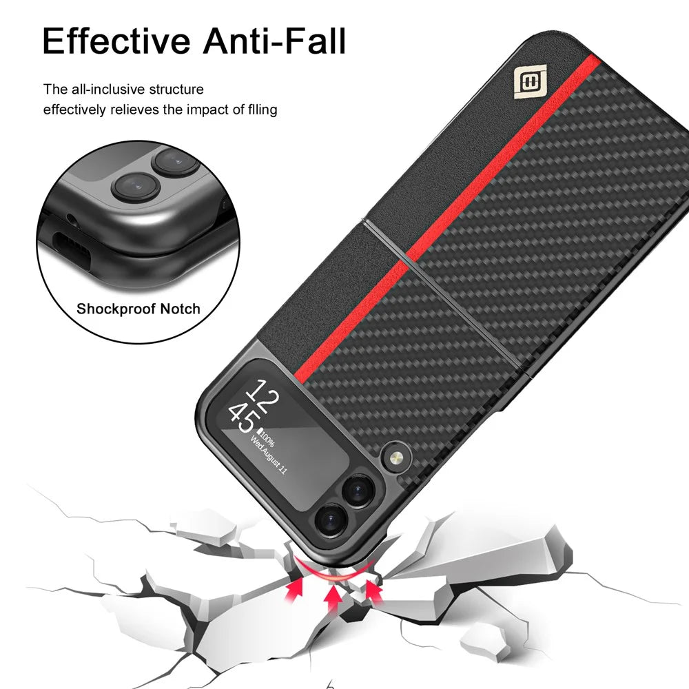 LC.IMEEKE Carbon Fiber Texture PU Leather Coated PC Protective Phone Case Cover for Samsung Galaxy Z Flip3 5G - Black - 6