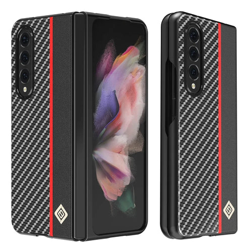 LC.IMEEKE Carbon Fiber Texture Splicing PU Leather Coated Folding Phone Case Shell for Samsung Galaxy Z Fold3 5G - Black - 1