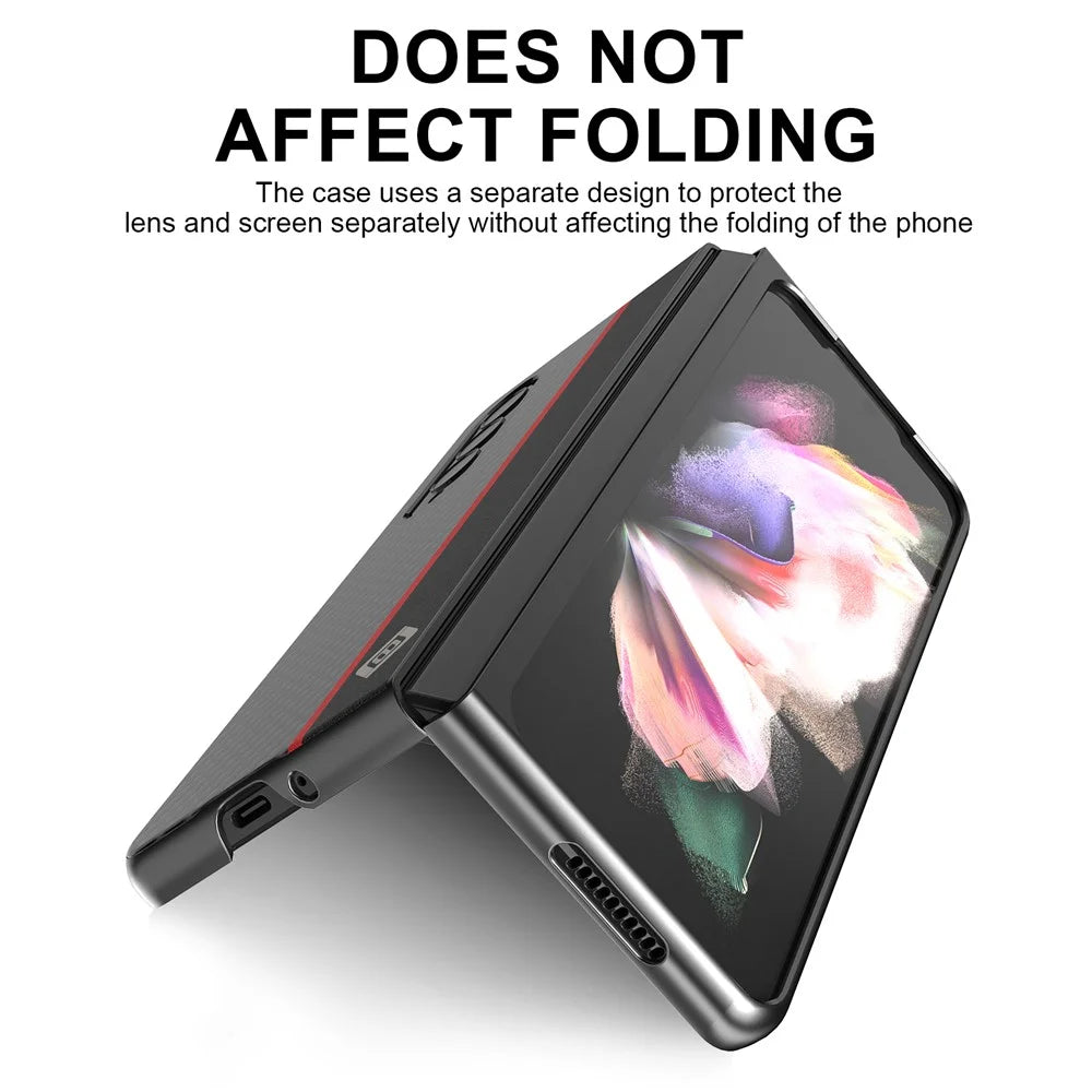 LC.IMEEKE Carbon Fiber Texture Splicing PU Leather Coated Folding Phone Case Shell for Samsung Galaxy Z Fold3 5G - Black - 3