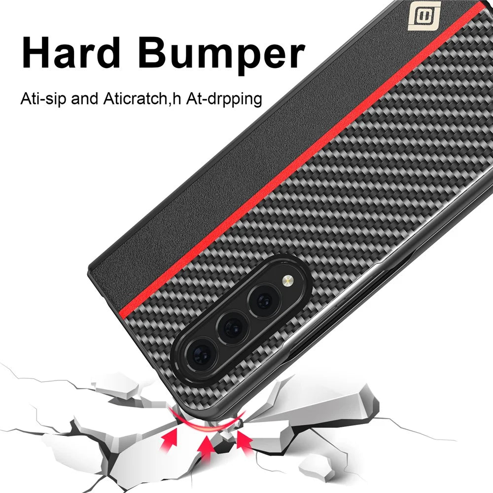 LC.IMEEKE Carbon Fiber Texture Splicing PU Leather Coated Folding Phone Case Shell for Samsung Galaxy Z Fold3 5G - Black - 4