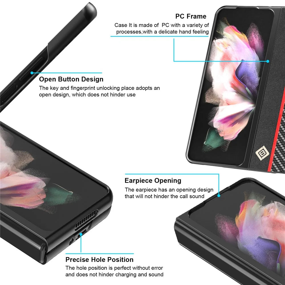 LC.IMEEKE Carbon Fiber Texture Splicing PU Leather Coated Folding Phone Case Shell for Samsung Galaxy Z Fold3 5G - Black - 6