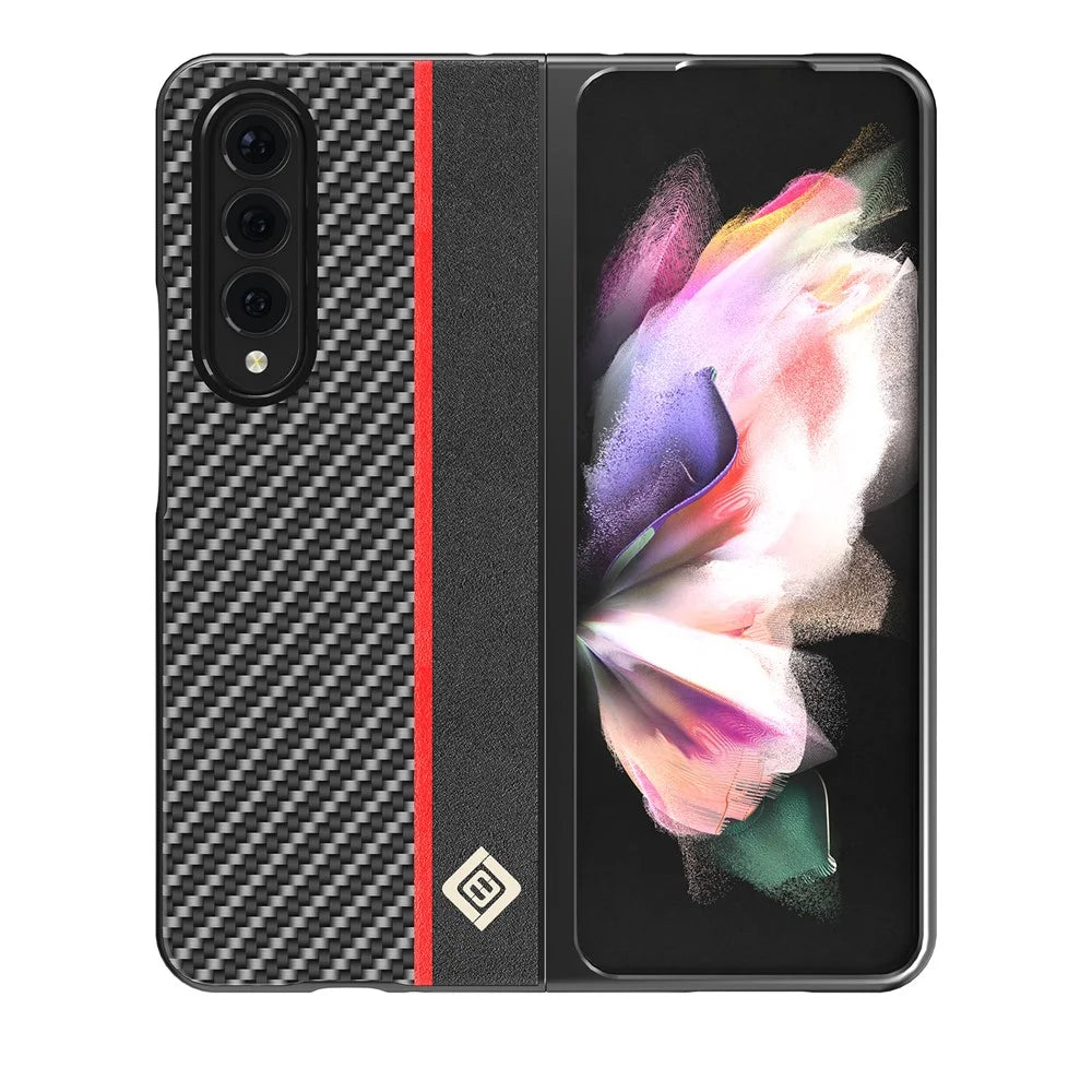 LC.IMEEKE Carbon Fiber Texture Splicing PU Leather Coated Folding Phone Case Shell for Samsung Galaxy Z Fold3 5G - Black - 7