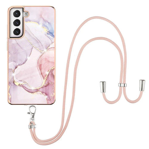 Case with Shoulder Strap IMD IML Flower Pattern TPU Back Cover for Samsung Galaxy S21 FE 5G - Rose Gold 005 - 1