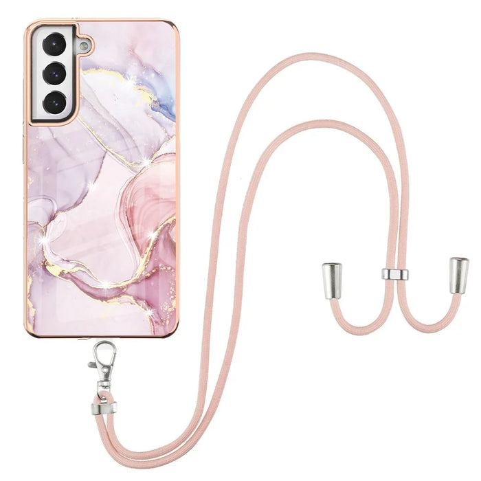 Case with Shoulder Strap IMD IML Flower Pattern TPU Back Cover for Samsung Galaxy S21 FE 5G - Rose Gold 005 - 1